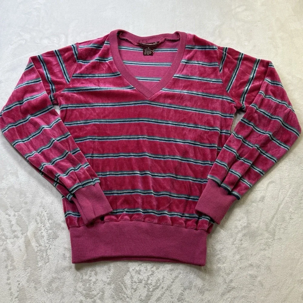 Vintage 70s California Ivy Velour Striped V Neck‎ Sweater Pink Medium